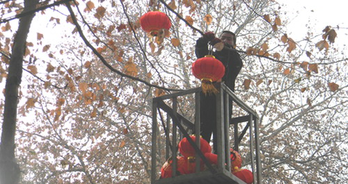 燈籠點綴街樹枝  協警環衛齊幫忙